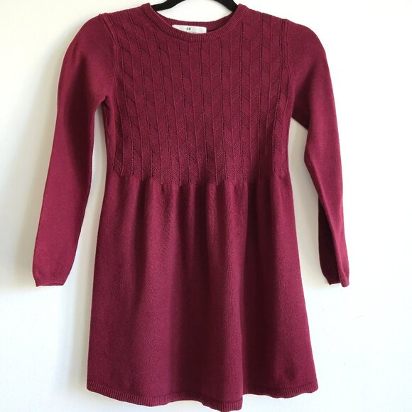 H&M Girls Sweater Knit Dress | Maroon/Burgundy Cable Knit Detail | Size 6X / 7 - Picture 1 of 7